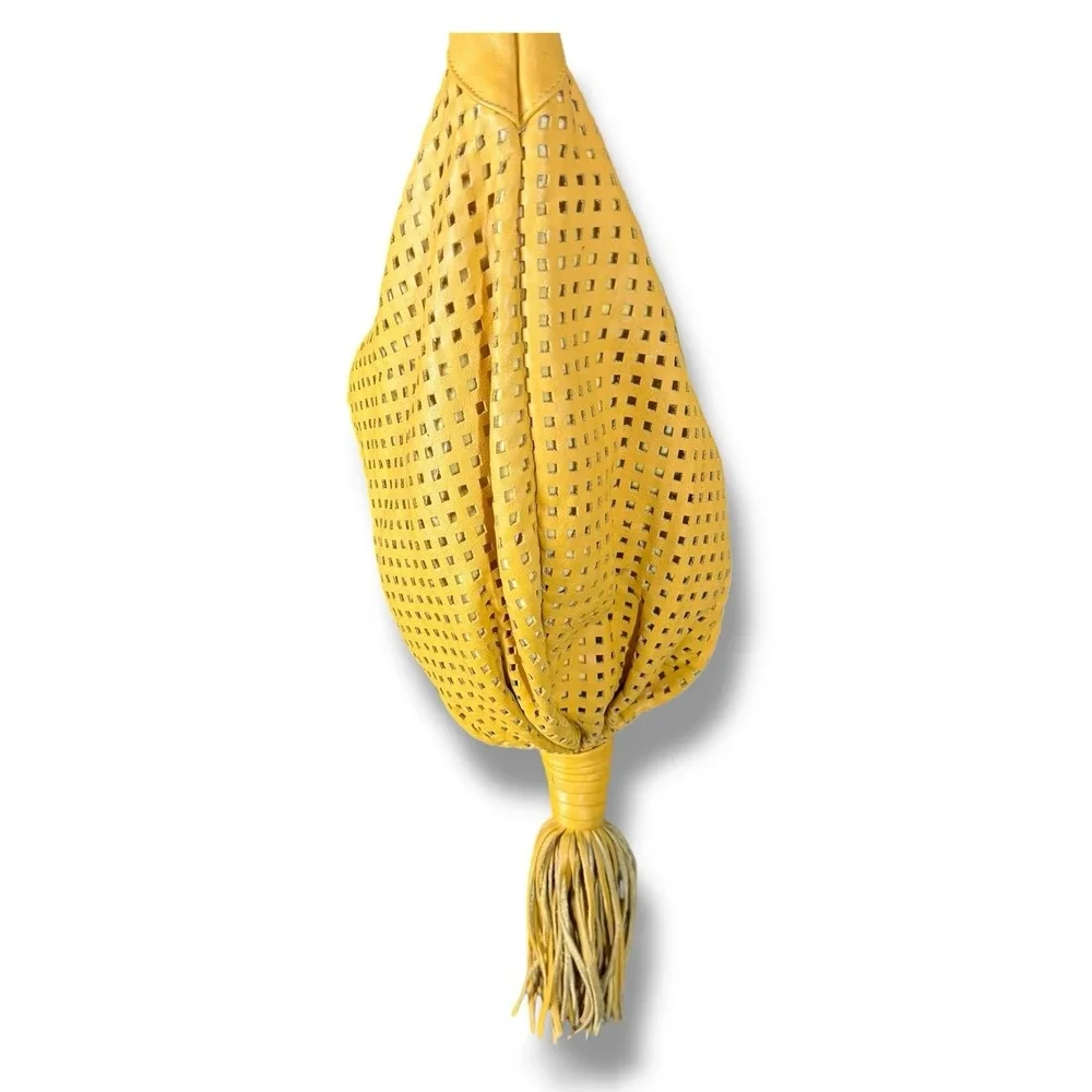 Vintage Retro 1980s Brio! Leather Bag Slouchy Hobo Woven Balloon‎ Purse Yellow